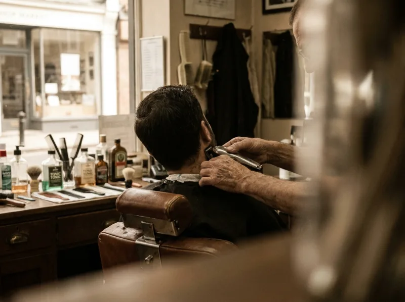 A barber trimming a client's neckline in a small independent barbershop