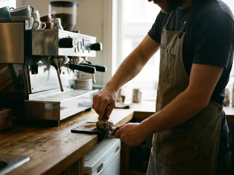 A barista tamping ground coffee behind the counter of a small independent coffee shop