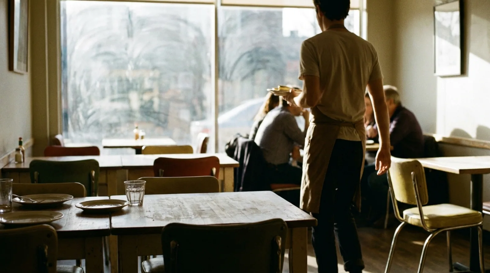 A server crossing the dining room of a small independent restaurant during a quiet weekday service