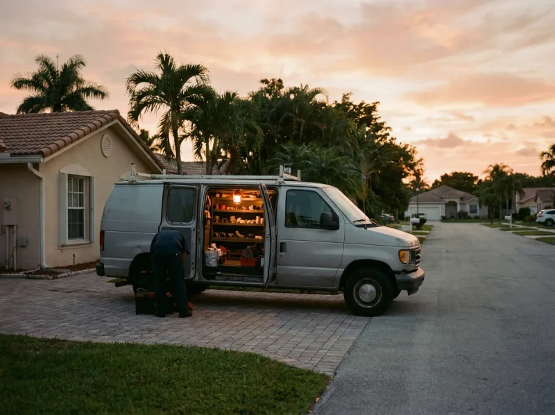 A plumber's van parked in a South Florida driveway at dusk with the side door open and the work light on