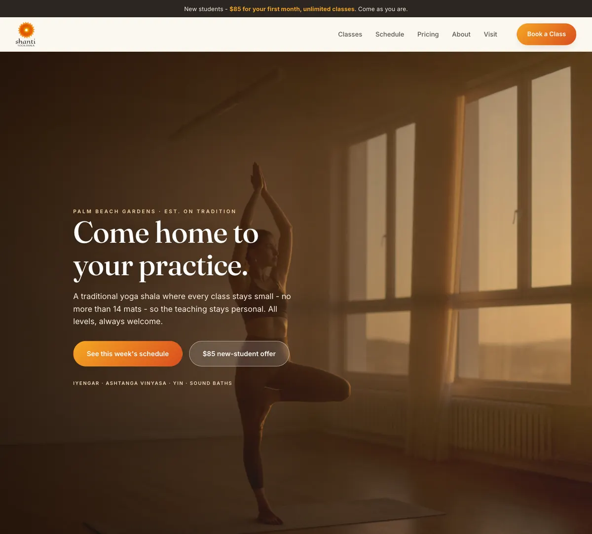 The Shanti Yoga Shala website DV8 Web designed, shown in a browser window