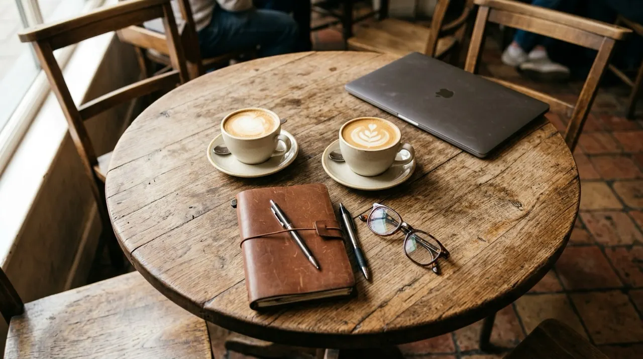 A cafe table with two coffees, a notebook and a laptop, set for a working conversation