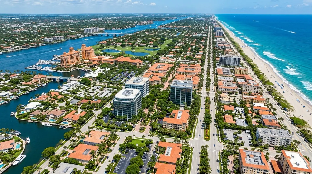 Aerial view of Boca Raton, Florida showing tile-roofed buildings, palm-lined boulevards and the Atlantic coastline