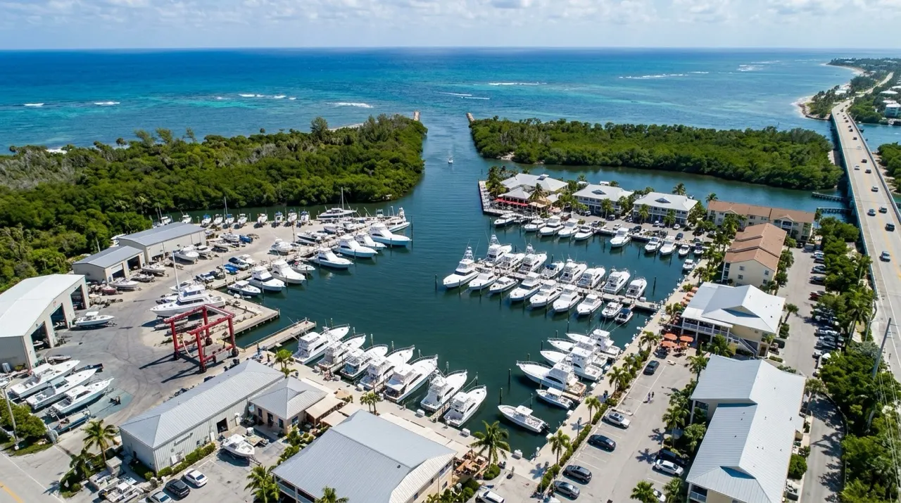 Aerial view of the Boynton Beach, Florida marina district with fishing boats, the inlet channel and the Atlantic beyond