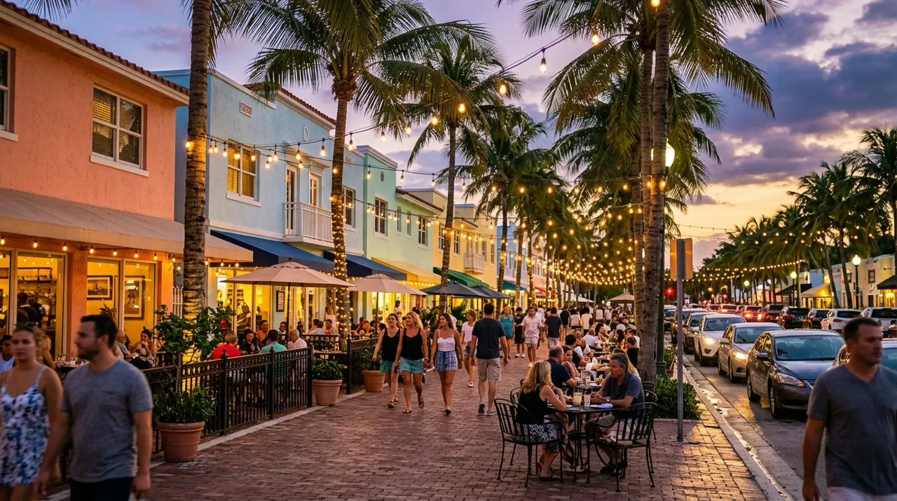 Evening on a palm-lined main street in Delray Beach, Florida with string lights and outdoor restaurant seating