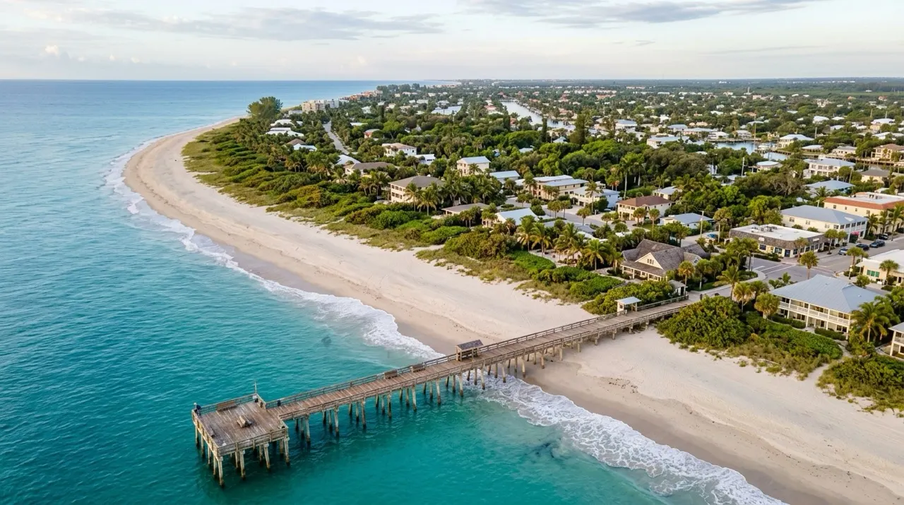 Aerial view of Juno Beach, Florida with a wooden pier, wide sand beach and low buildings among dense palms