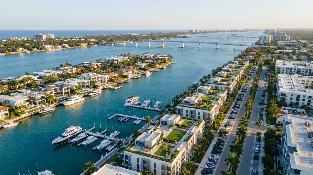 An aerial view along the Palm Beach County, Florida intracoastal, marinas and palm-lined coastal roads