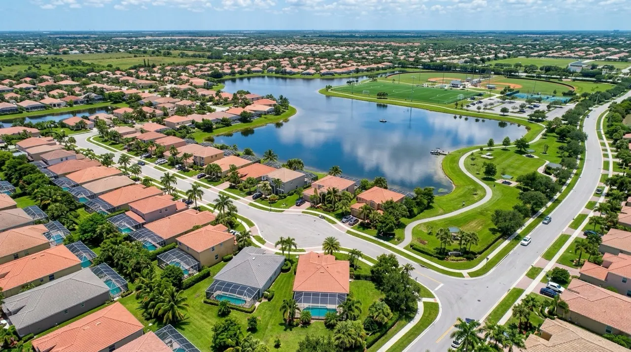 Aerial view of Royal Palm Beach, Florida showing suburban homes with tile roofs around a lake and park