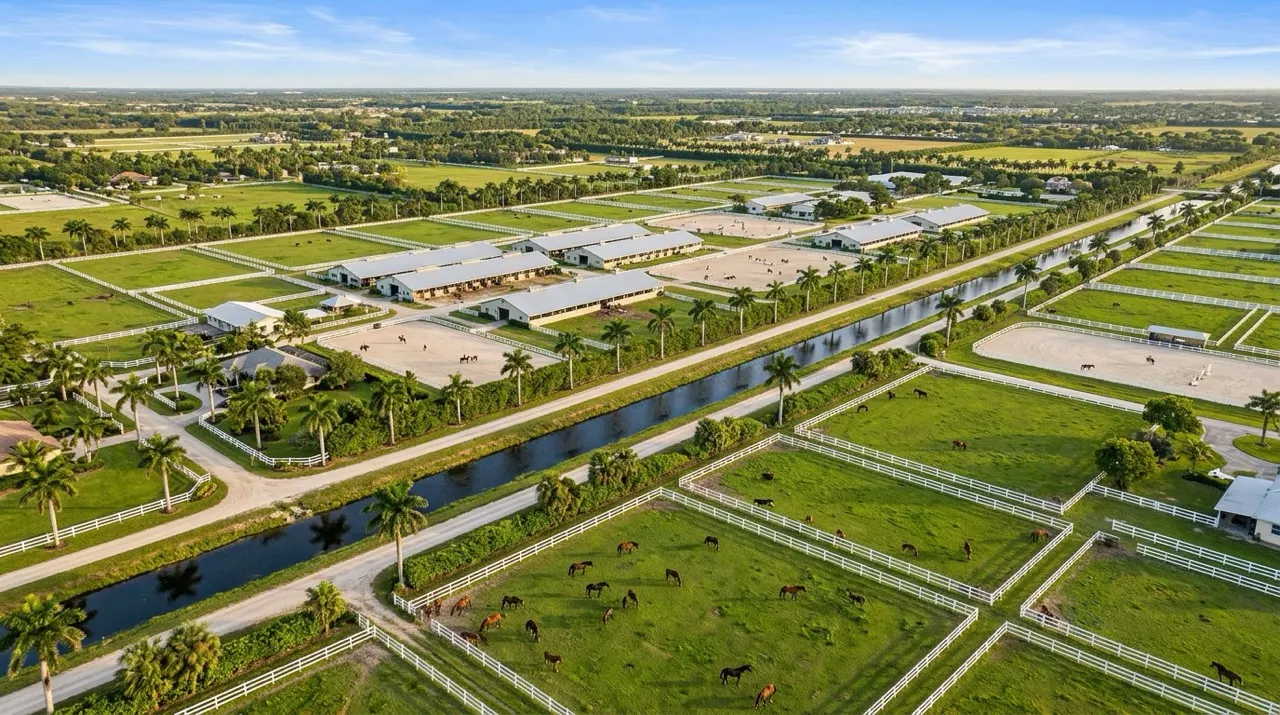 Aerial view of Wellington, Florida equestrian country with white fenced paddocks, barns and riding arenas