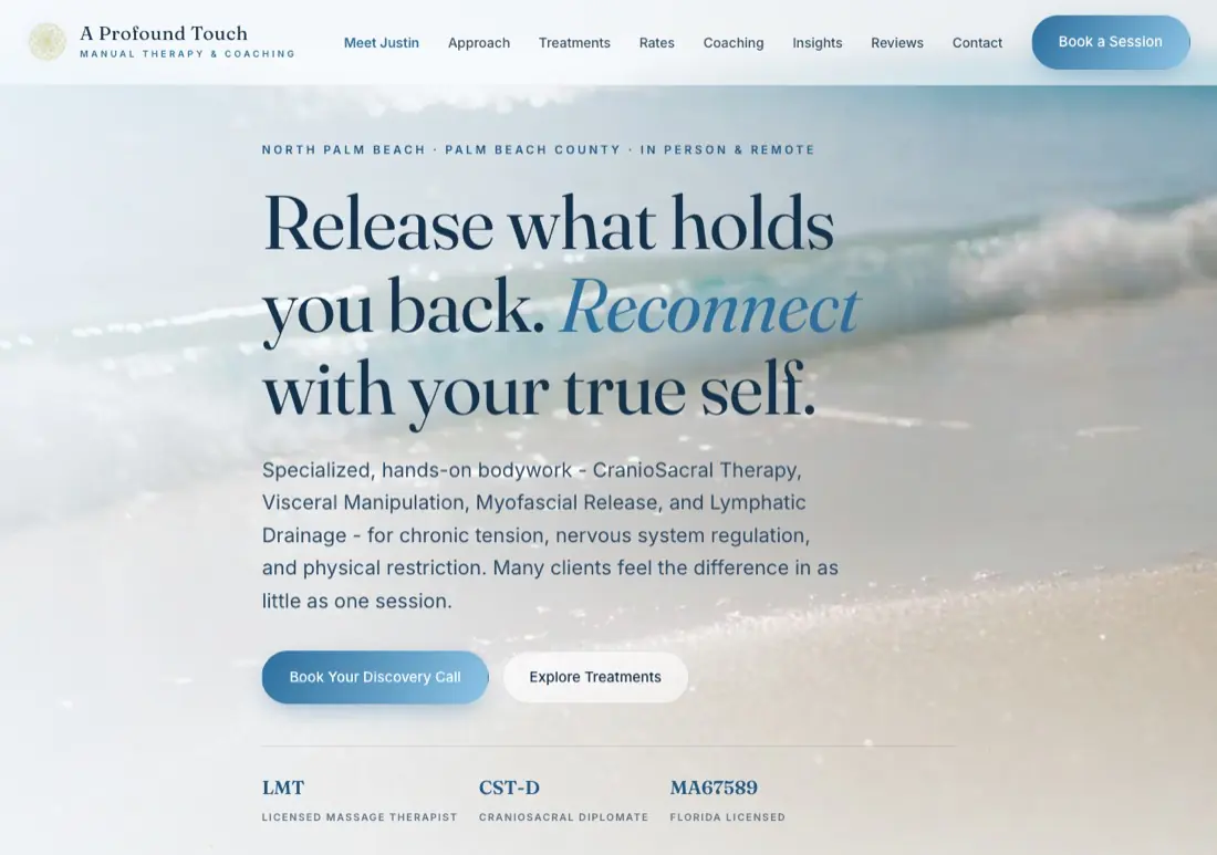 A Profound Touch website, massage therapy in Palm Beach County, FL, designed and built by DV8 Web