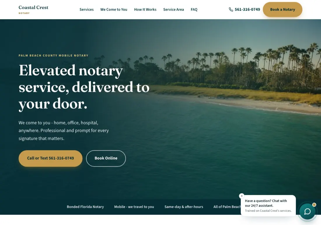 Coastal Crest Notary website, mobile notary in Palm Beach County, FL, designed and built by DV8 Web