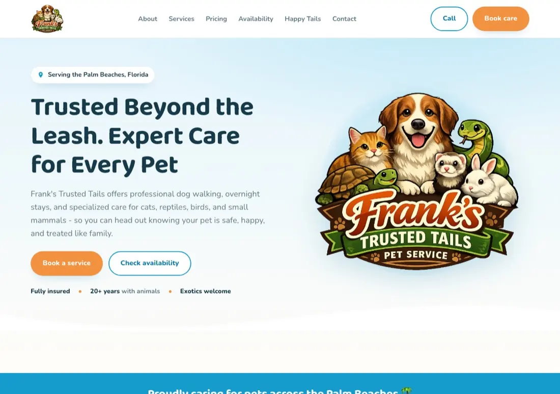 Frank's Trusted Tails website, pet care in West Palm Beach, FL, designed and built by DV8 Web