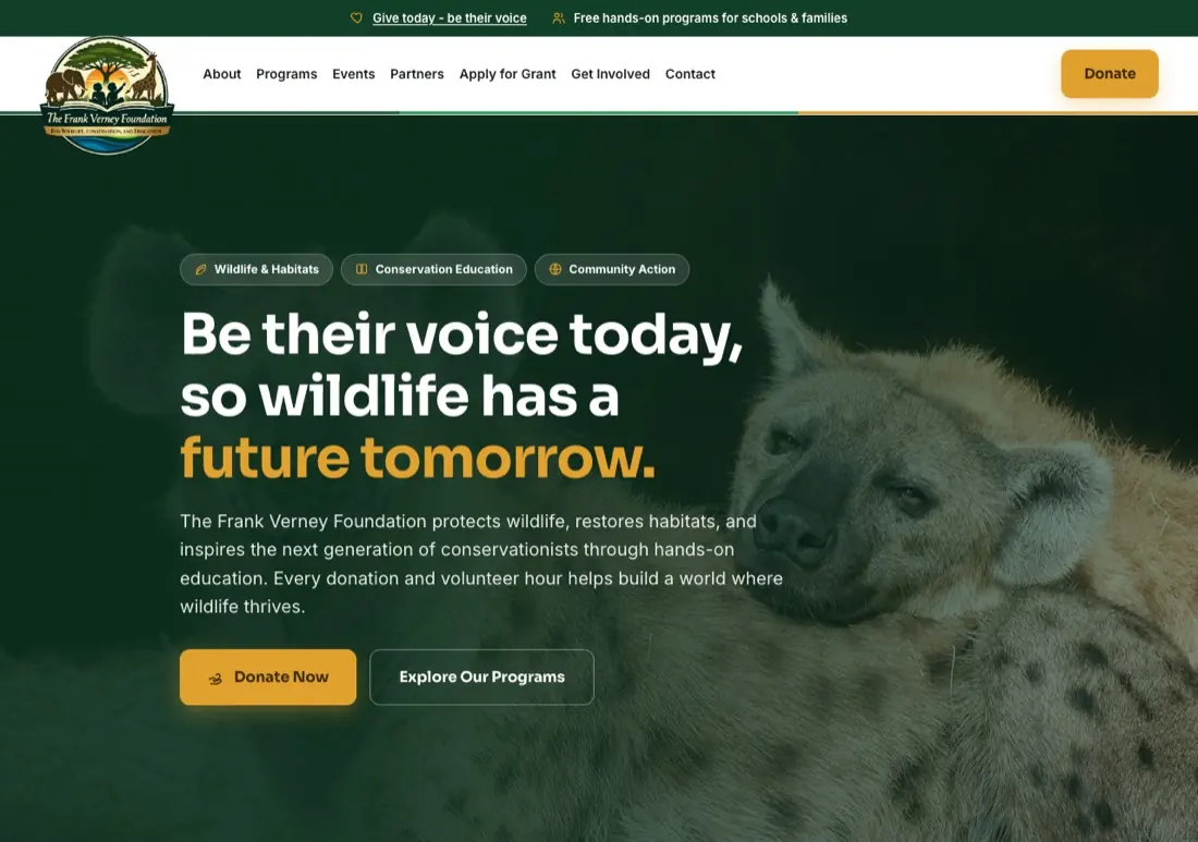 FV Foundation website, wildlife conservation in Palm Beach County, FL, designed and built by DV8 Web