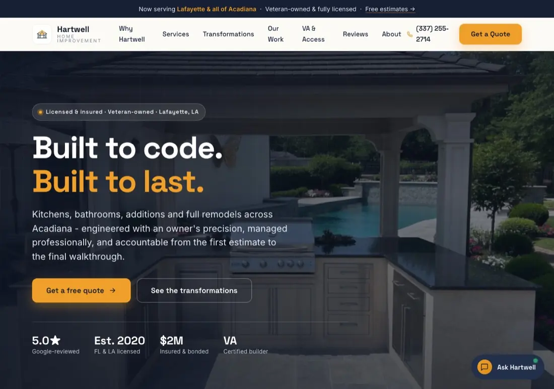 Hartwell Home Improvement website, remodeling in Lafayette, LA, designed and built by DV8 Web