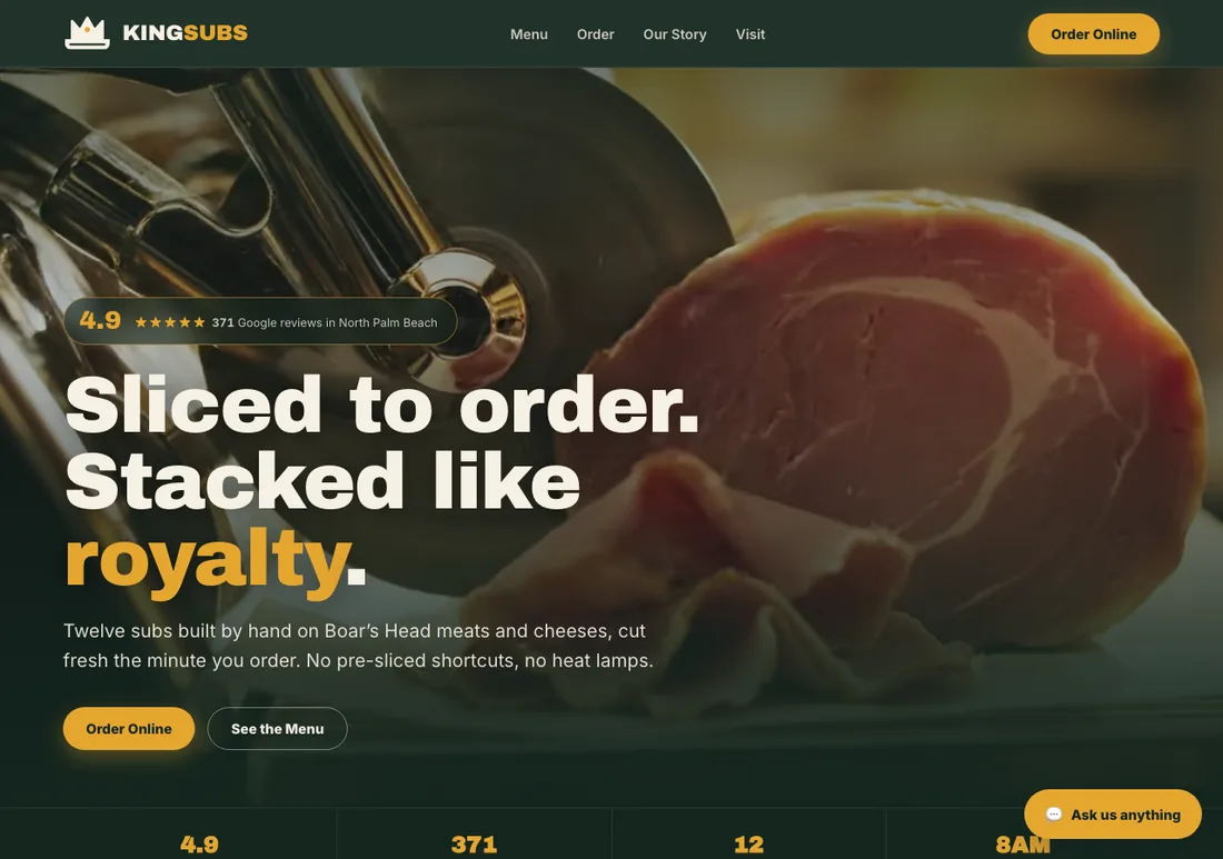 King Subs website, sub shop in North Palm Beach, FL, designed and built by DV8 Web