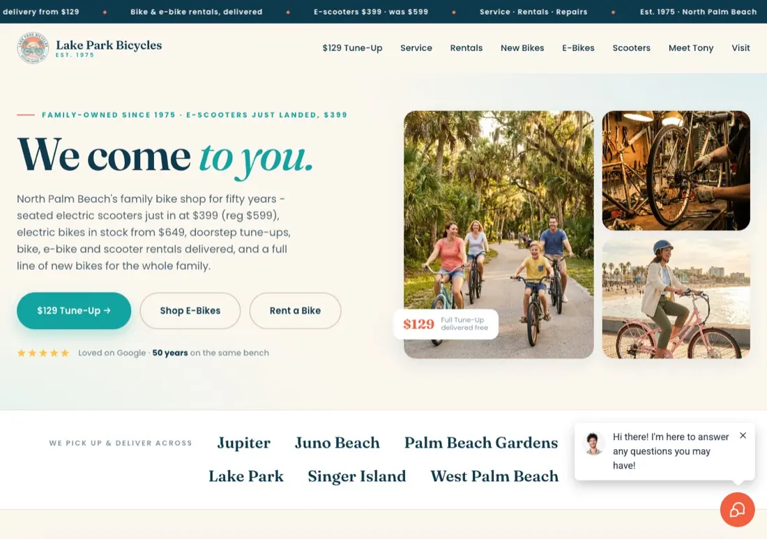 Lake Park Bicycles website, bike shop in Lake Park, FL, designed and built by DV8 Web