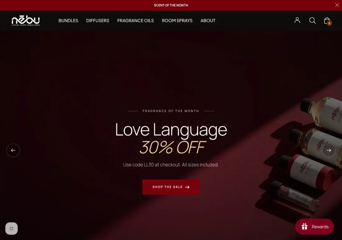 Nēbu Luxury website, luxury scent diffusers, designed and built by DV8 Web