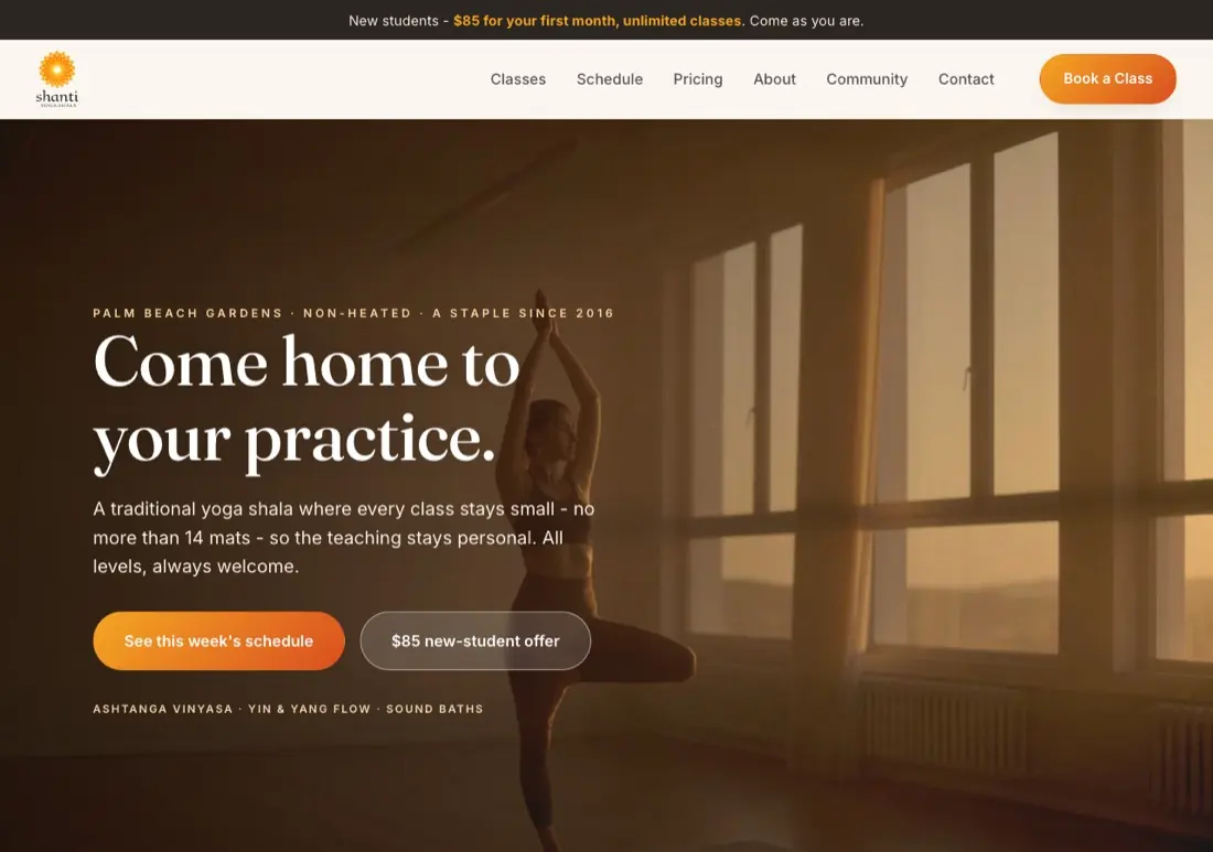 Shanti Yoga Shala website, yoga studio in Palm Beach Gardens, FL, designed and built by DV8 Web