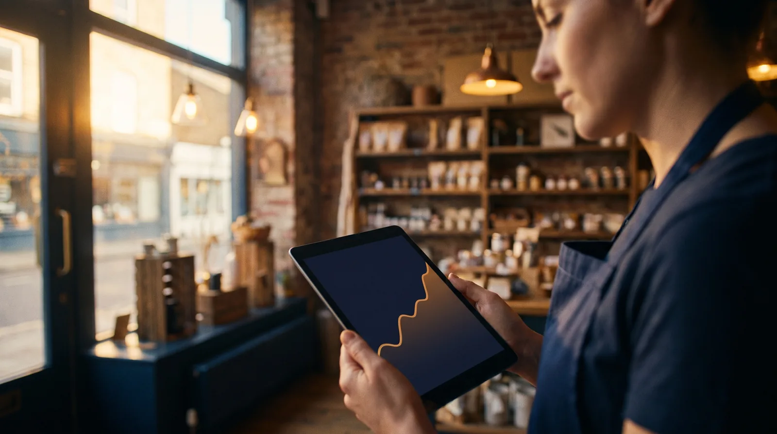 Small business owner reviewing growth on a tablet behind their counter