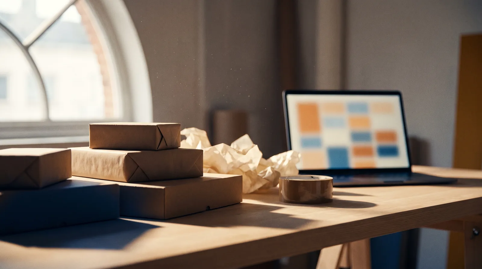 A small e-commerce studio table with a laptop and packed orders