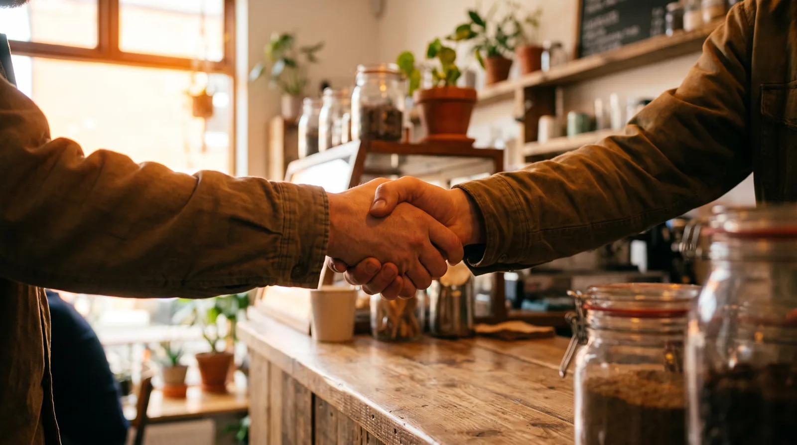 A handshake across the counter of a small business