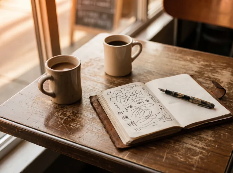 Two coffee cups and an open notebook on a cafe table