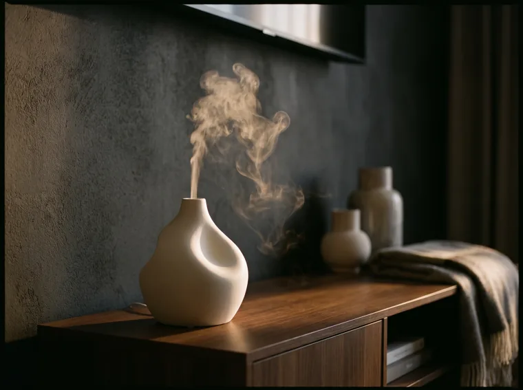 A sculptural diffuser on a console table