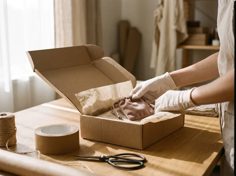Hands packing a small order into a kraft box