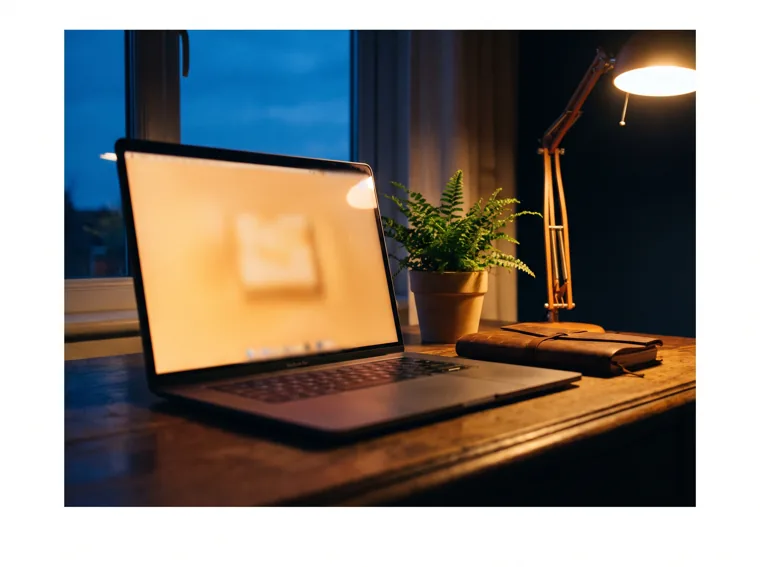 A laptop glowing at dusk