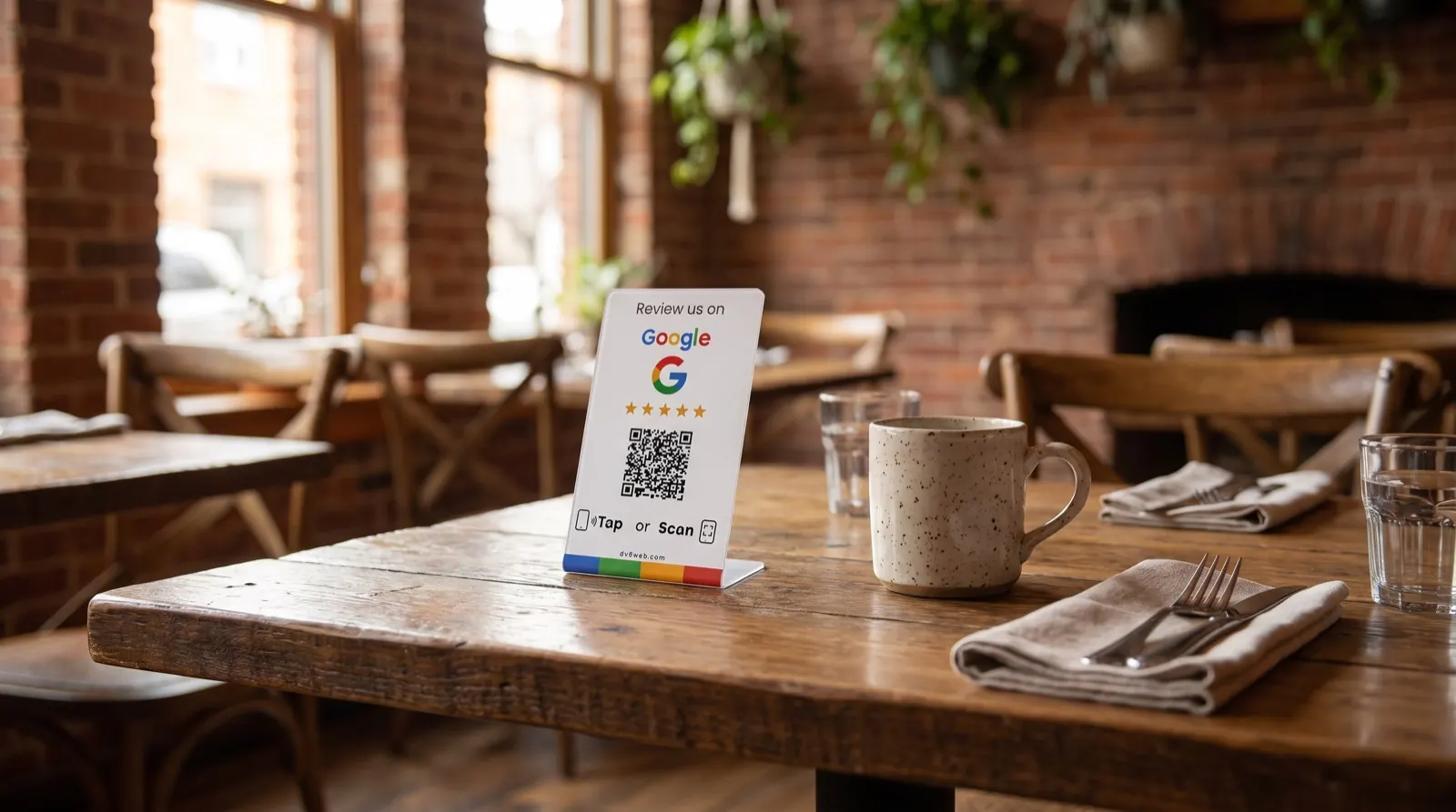 Counter signs standing on restaurant tables
