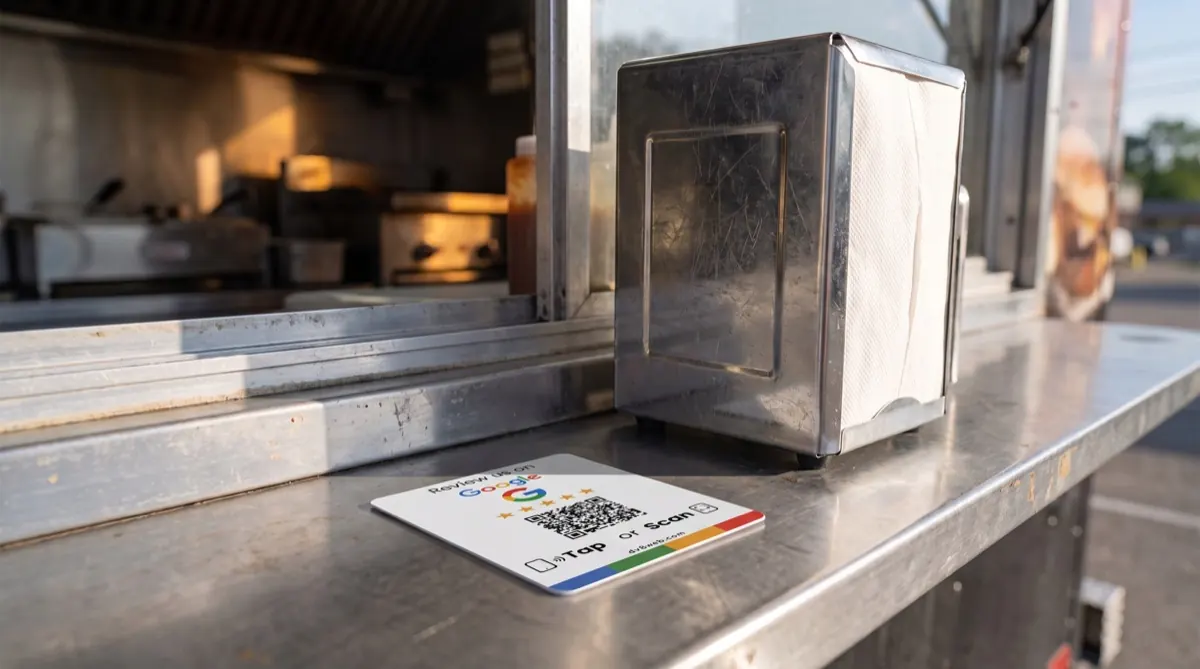 Card mounted by the serving window of a food truck