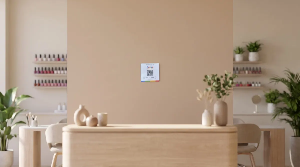 Card mounted on the wall of a nail salon