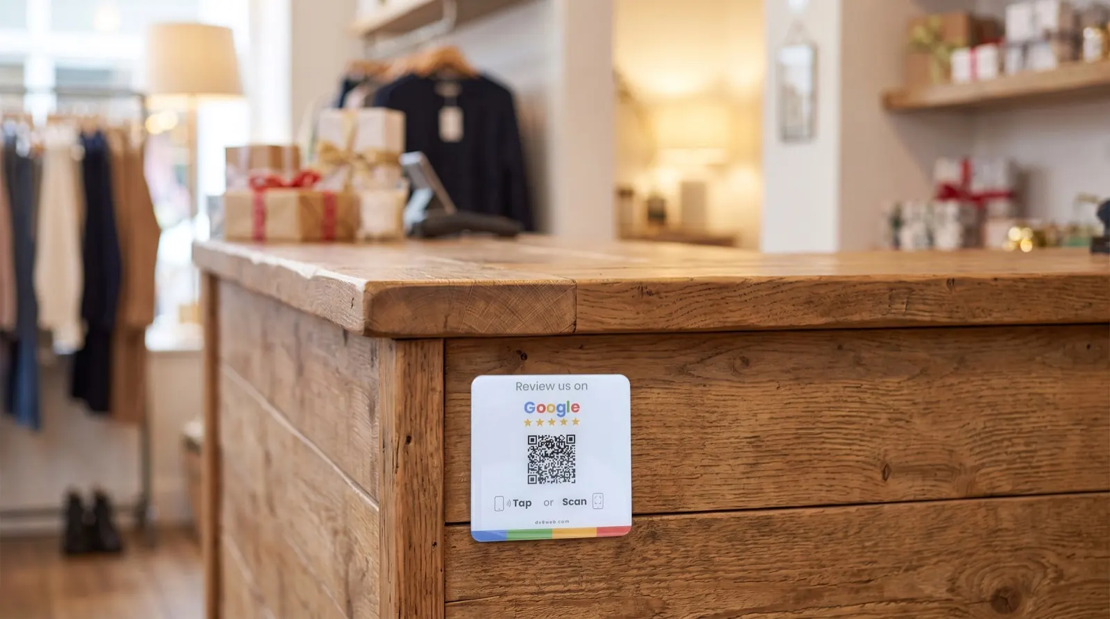 Card stuck to the customer side of a shop counter