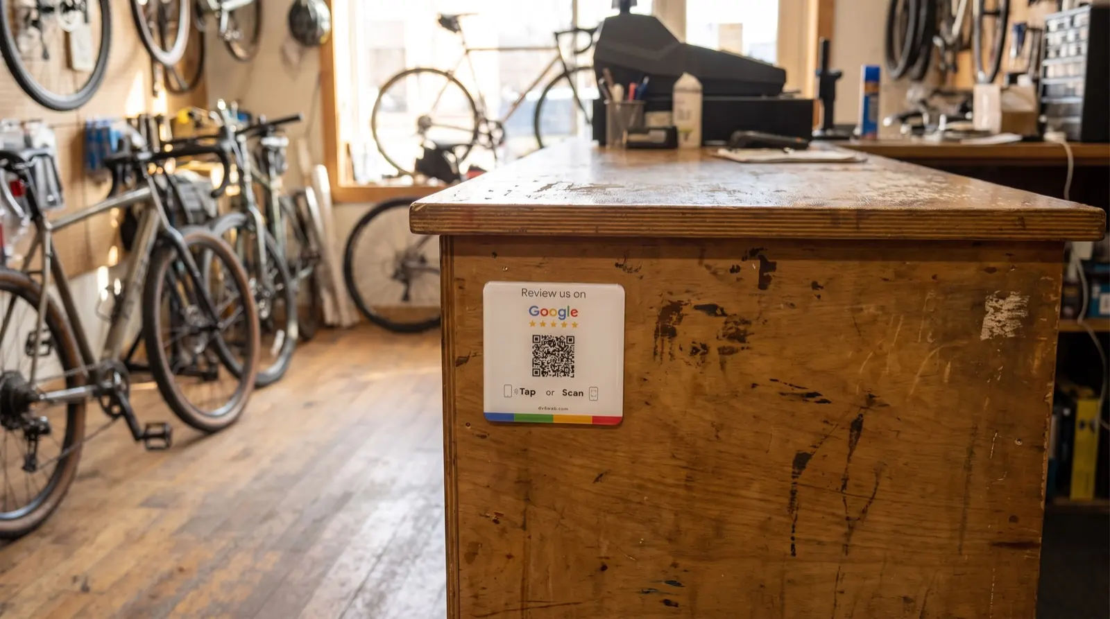 Card at the checkout counter of a bike shop