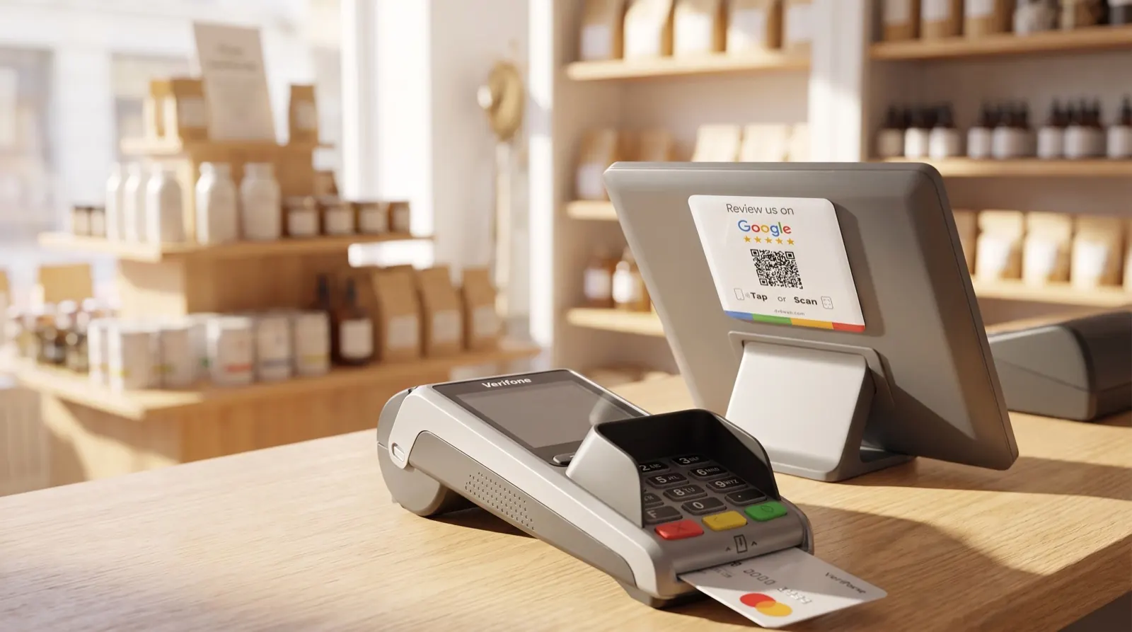 A tap-to-review card in place behind a point of sale terminal